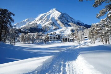 A picturesque winter wonderland scene showcasing beautifully snow-laden trees along a pathway, with a majestic mountain peak rising prominently in the background under a bright sky.