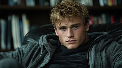 Obraz premium Young man relaxing on a couch in a cozy indoor space during late afternoon