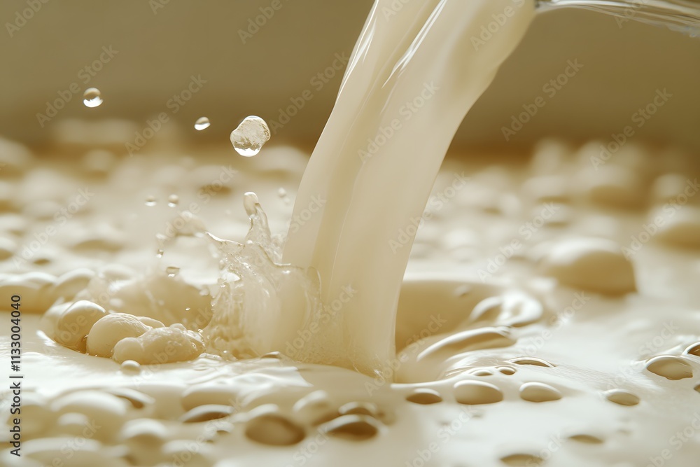Poster a close-up of milk being poured into a frothy mixture, creating splashes and bubbles.