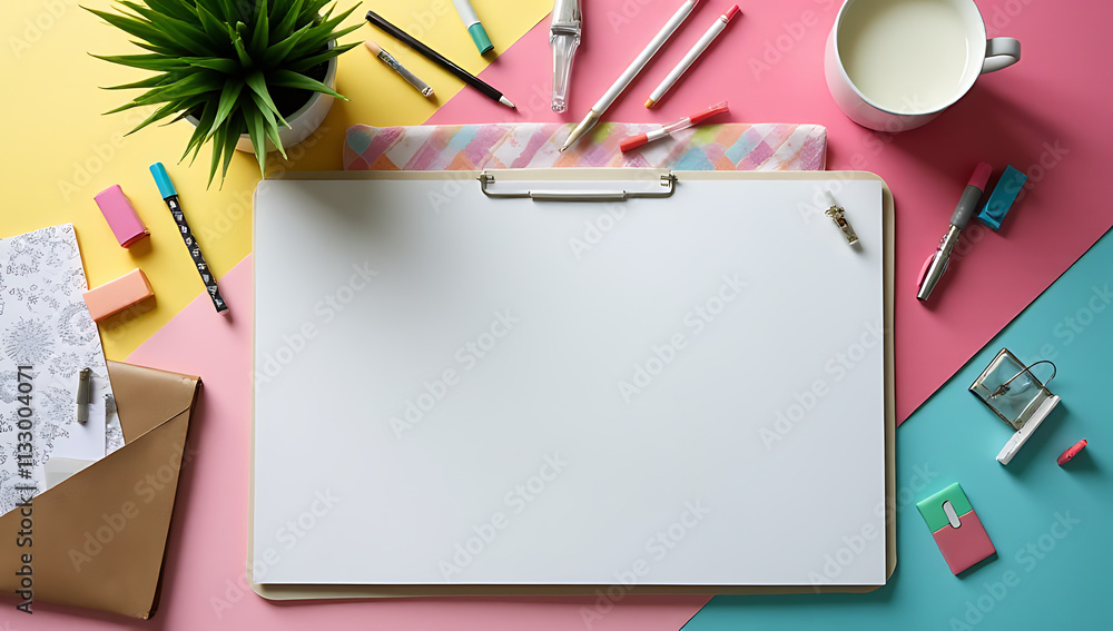 Poster Office desk table with modern accessories and supplies on a colorful background creating a visually appealing image._00001_