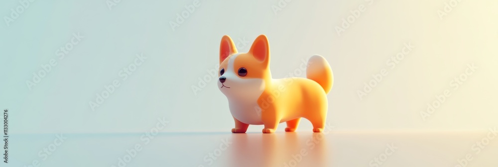 Poster a minimal 3d corgi icon standing on a soft gradient surface, surrounded by subtle light reflections 
