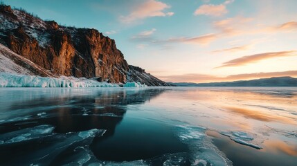 Naklejka premium Tranquil winter landscape at sunrise with icy lake and rugged mountains