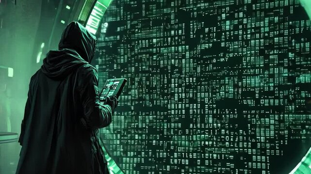 Cyberpunk Hacker Inspecting Digital Code
