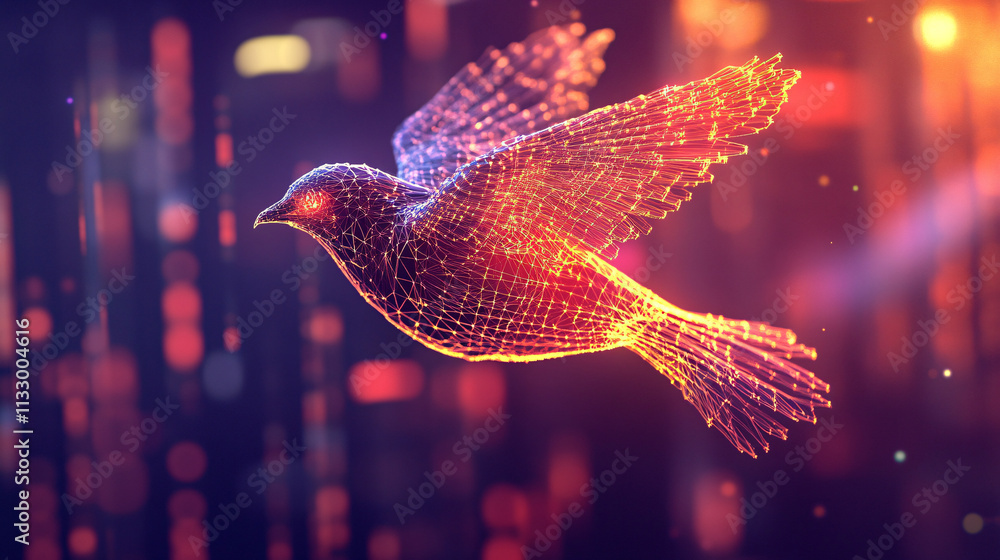 Poster a cyber wildlife migration icon featuring a glowing bird, representing online platforms studying mig