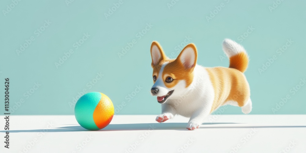Poster a minimal 3d representation of a corgi chasing a colorful ball on a white surface with subtle reflec