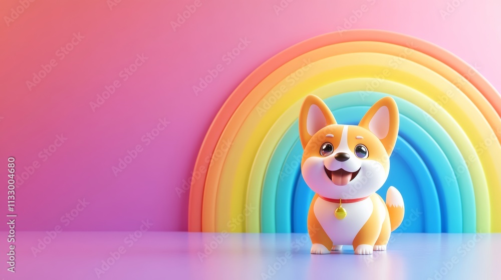 Poster a minimalist 3d corgi icon standing under a rainbow with soft gradients and ample copy space on whit