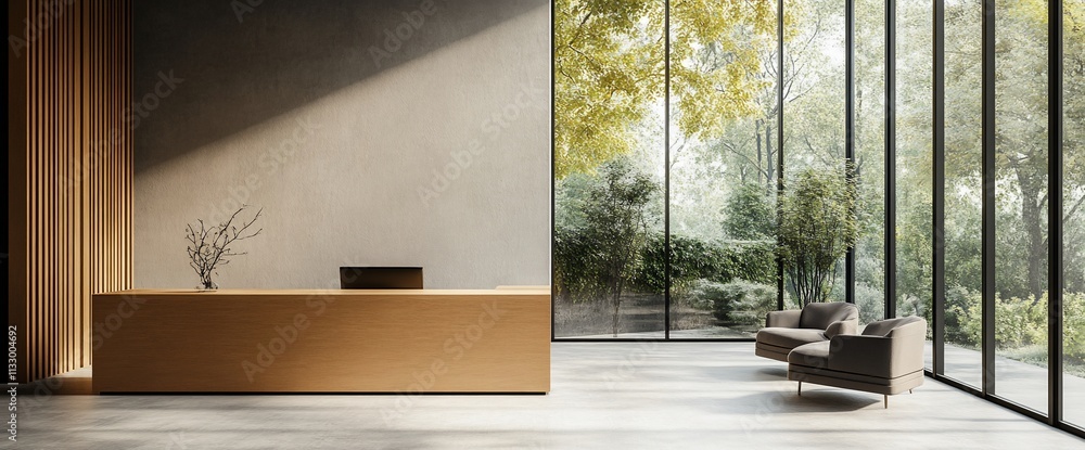 Poster modern reception area with large windows and minimalist design.