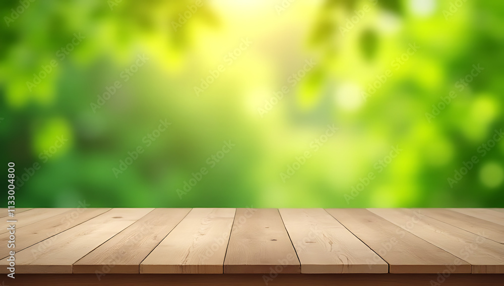 Poster nimalist wooden table stands empty against a blurred bokeh background featuring lush fresh green foliage in soft focus everywhere surrounding it._00001_