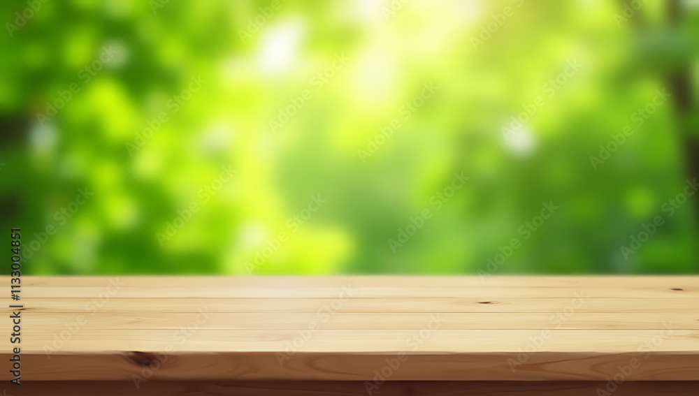 Leinwandbilder nimalist wooden table stands empty against a blurred bokeh background featuring lush fresh green fol