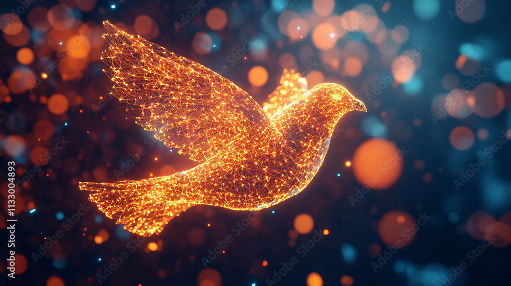 Poster a cyber wildlife migration icon featuring a glowing bird, representing online platforms studying mig