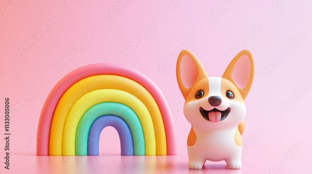 Poster a minimalist 3d corgi icon standing under a rainbow with soft gradients and ample copy space on whit