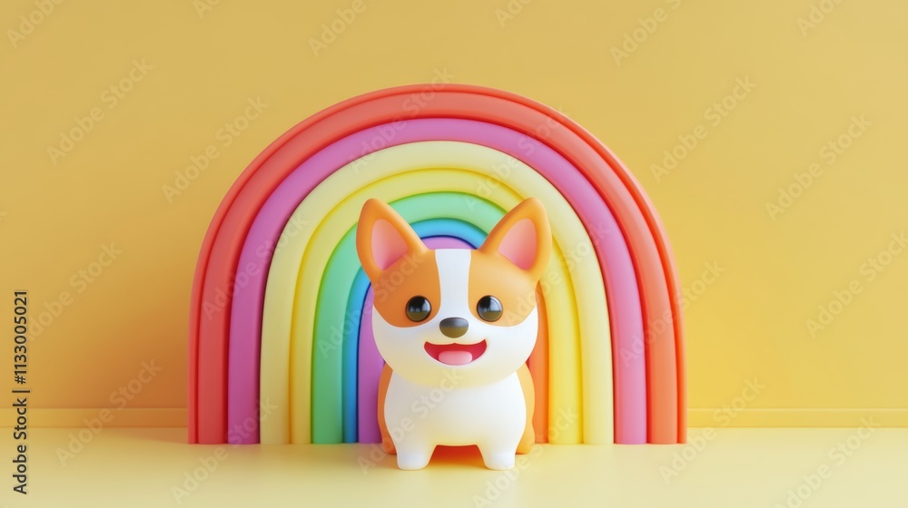 Poster a minimalist 3d corgi icon standing under a rainbow with soft gradients and ample copy space on whit