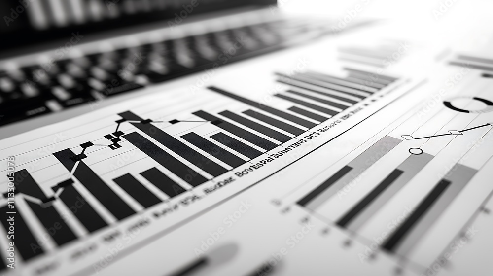 Poster dynamic infographic display of business trends, including 3d bar charts, line graphs, and data point