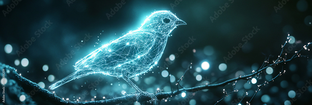 Poster a cyber wildlife migration icon featuring a glowing bird, representing online platforms studying mig