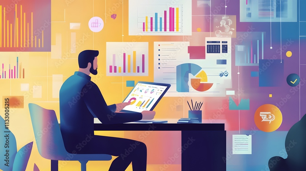 Poster businessman analyzing data charts graphs and reports