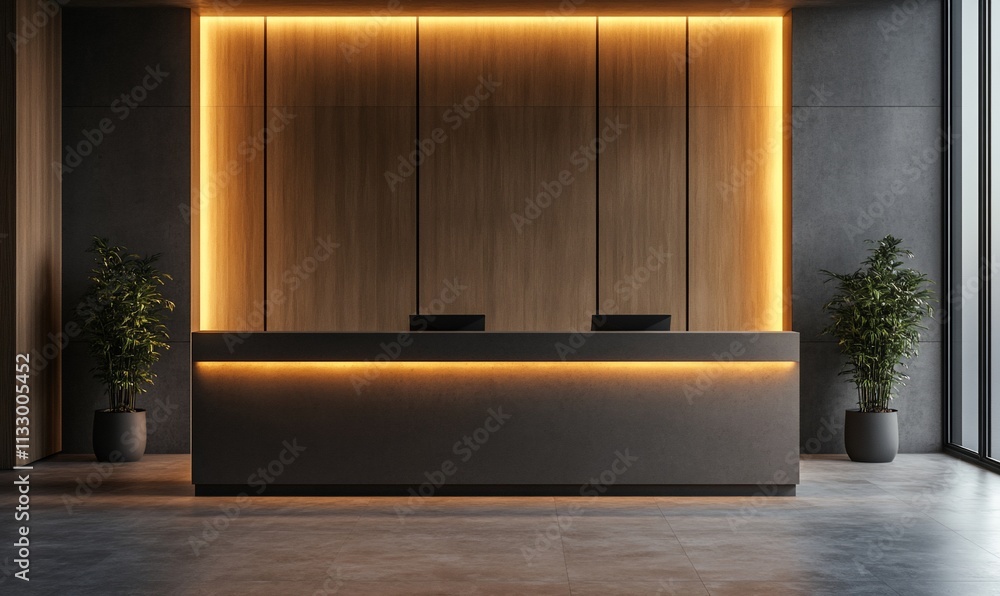 Poster modern reception area with warm lighting and minimalist design.