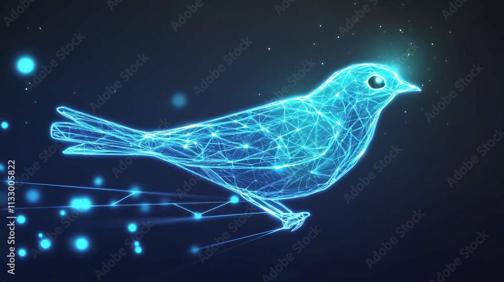 Poster a cyber wildlife migration icon featuring a glowing bird, representing online platforms studying mig