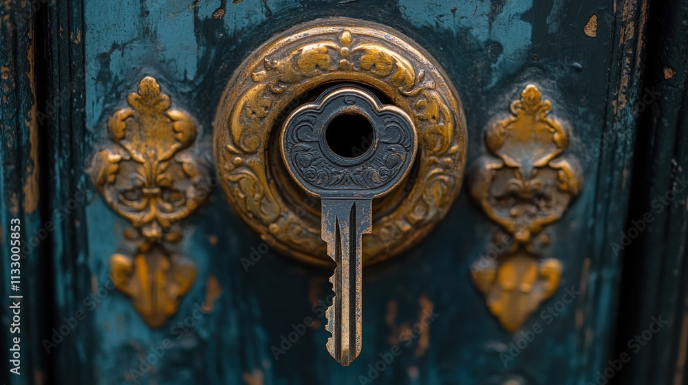 Poster a close-up of an ornate lock with a key inserted, showcasing intricate design details.