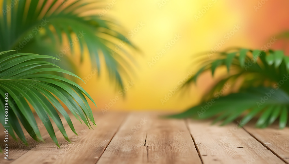 Poster nature product display features a wooden table and palm leaves against a colorful background in a se