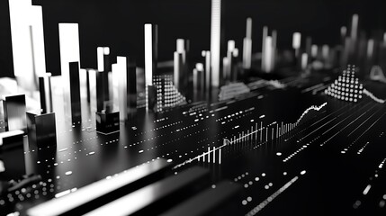 Dynamic infographic display of business trends, including 3D bar charts, line graphs, and data points, all set against a sleek black-and-white corporate background.