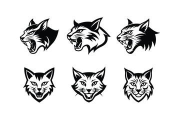 Obraz premium Various styles of a bobcat's logo, labeled linocut primitive vector design illustration.