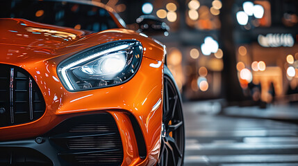 Naklejka premium Sleek Orange Sports Car at Night On The Street. 