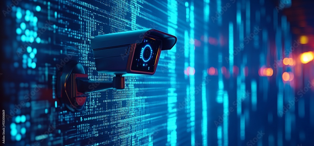 Poster surveillance camera against a digital backdrop, emphasizing security technology.