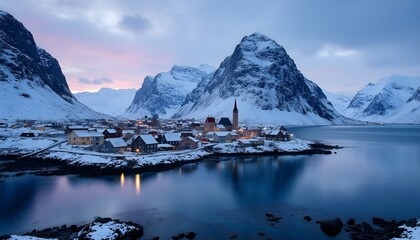 Snow-covered mountains surround a picturesque village on a rocky coastline in Norway during twilight