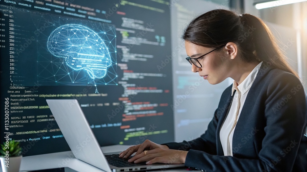 Poster woman is working on a computer with a brain image on the screen