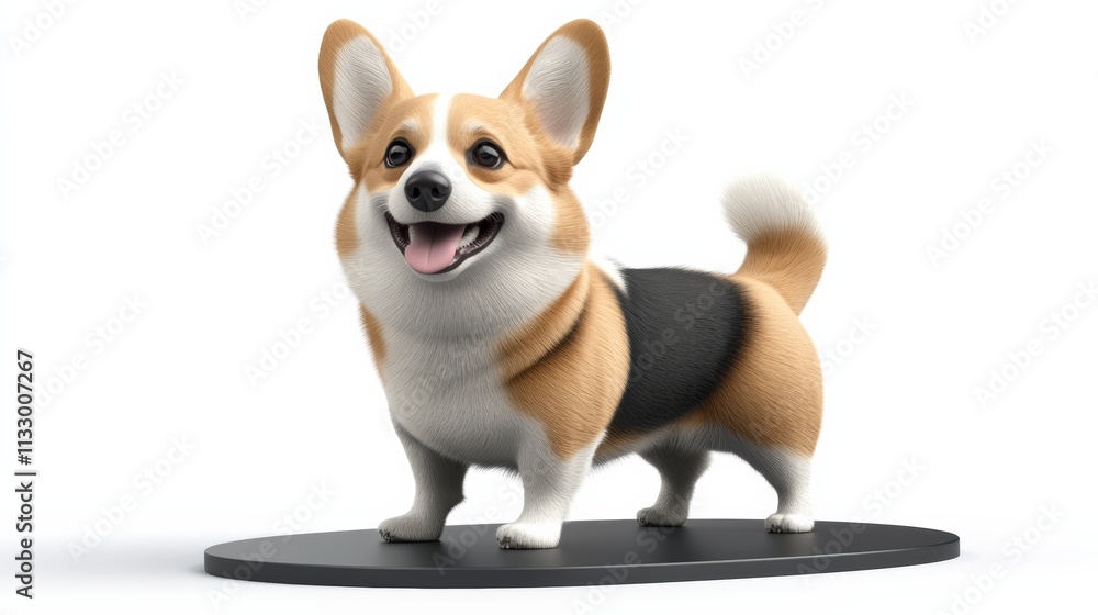 Poster a sleek 3d corgi standing on a gradient platform with a curious expression, isolated against white