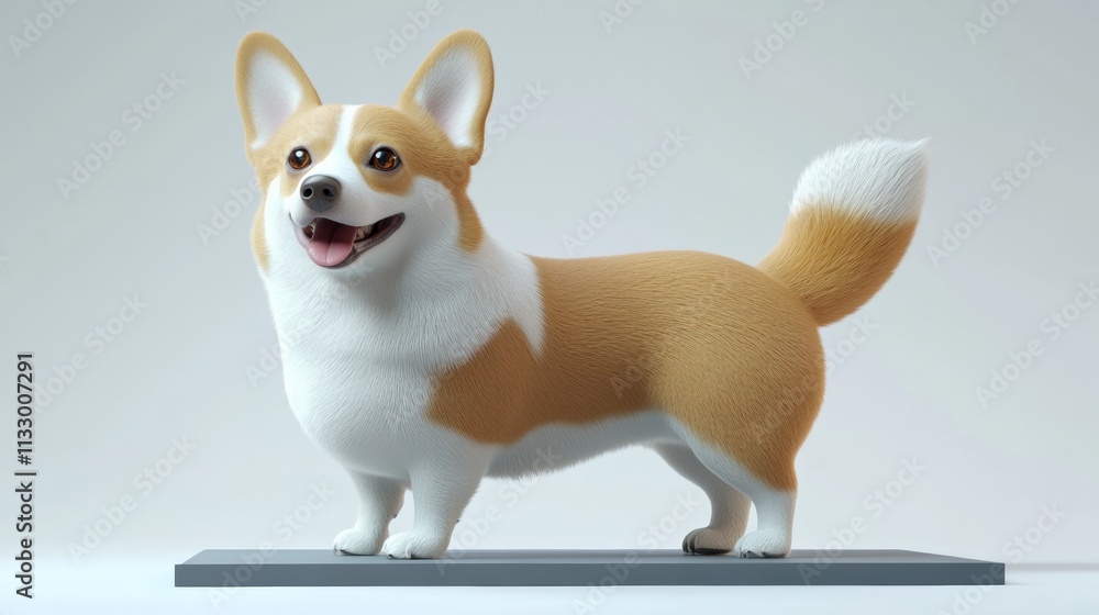 Poster a sleek 3d corgi standing on a gradient platform with a curious expression, isolated against white