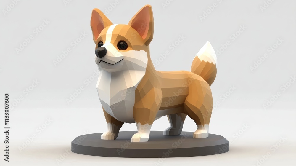Poster a sleek 3d corgi standing on a gradient platform with a curious expression, isolated against white