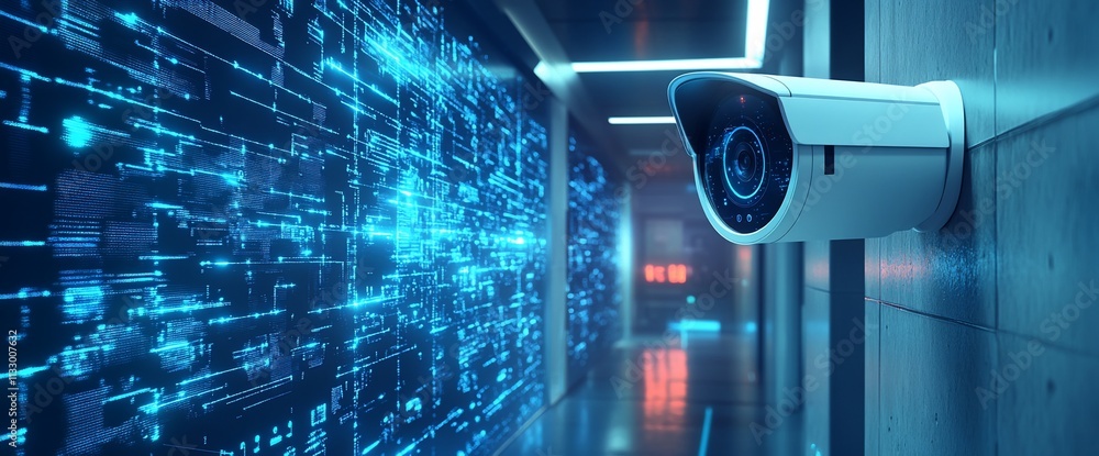 Poster Security camera in a high-tech corridor with digital data visuals.