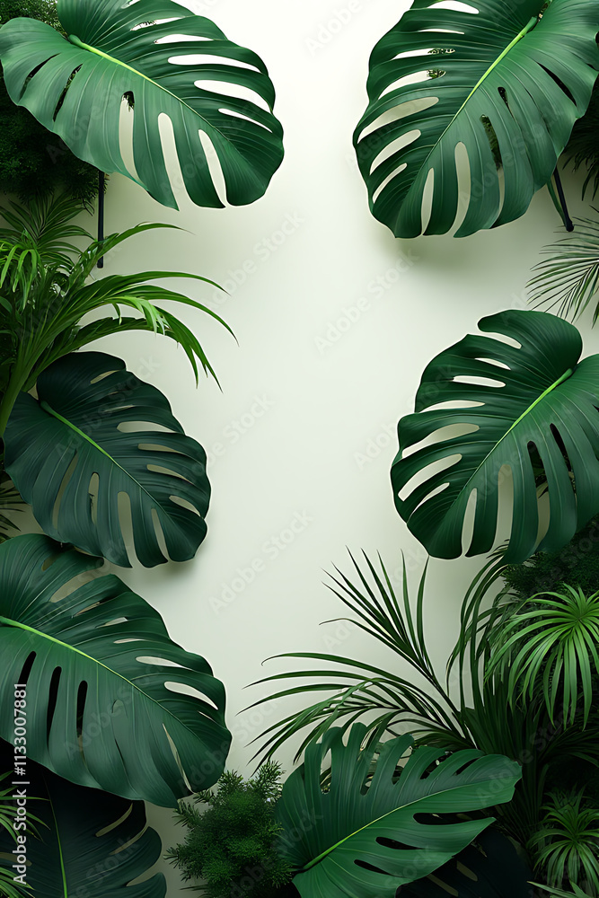 Aufkleber Monstera leaves create a lush tropical backdrop with intricate botanical patterns and natural textures in a serene setting._00002_