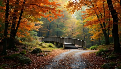 Colorful autumn pathway through a serene woodland setting with vibrant foliage and wooden bridge