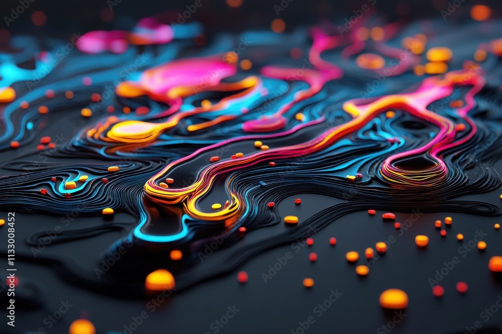 Poster vibrant polymer fabrication process visualization laboratory setting abstract art colorful environme