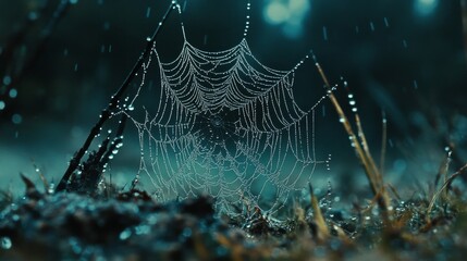 Dew-Covered Spiderweb in a Forest Clearing