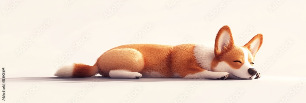 Poster a stylized 3d corgi lying on its side with a calm demeanor, surrounded by subtle shadows on white
