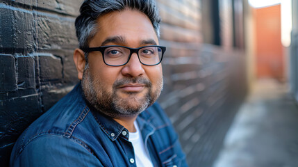 Obraz premium Portrait of a Man in Denim Shirt Against Brick Wall