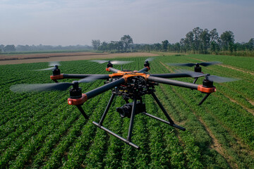 Drone in action over agricultural land, enhancing crop growth