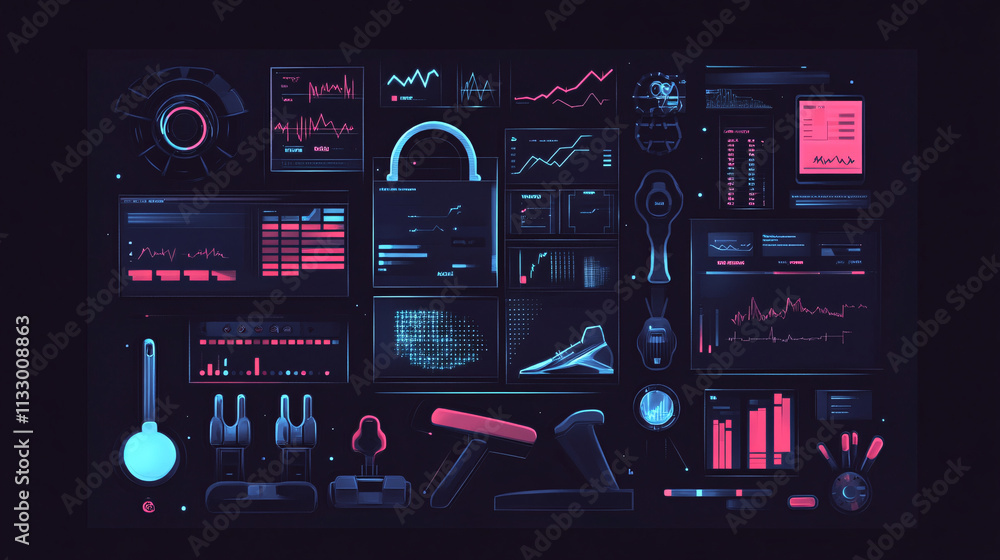 Poster a cyber workout gear icon featuring usage statistics, representing online platforms for optimizing f