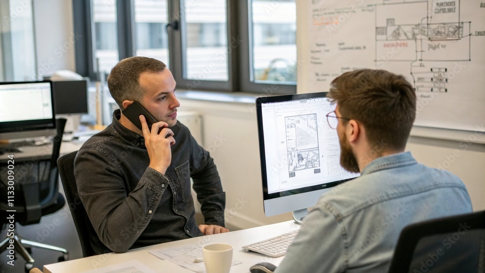 Poster two men are talking on a cell phone in front of a computer monitor
