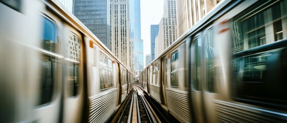 Fototapeta premium Capturing the velocity of urban transit, two trains rush past each other amidst towering city skyscrapers.