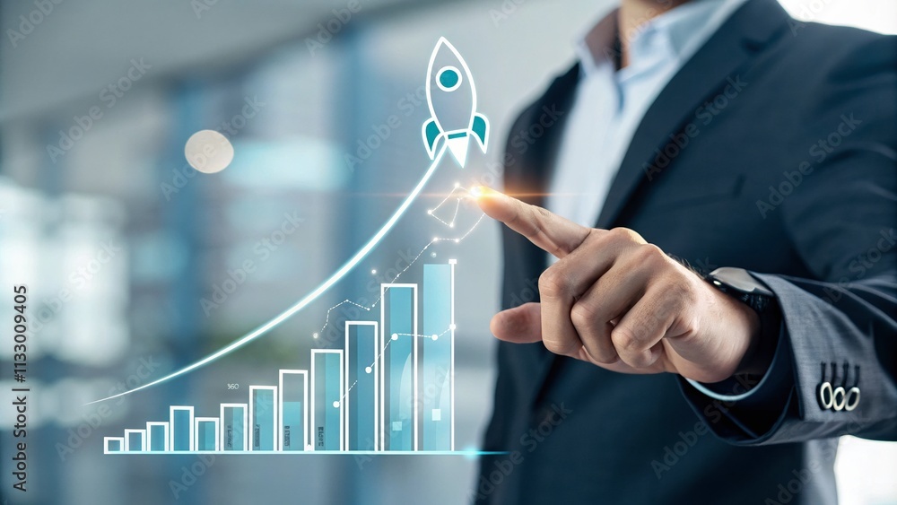 Poster man is pointing at a rocket on a graph, indicating a positive trend. concept of progress and growth,