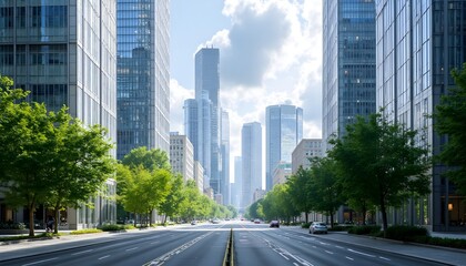 Modern urban landscape showcasing tall buildings and tree-lined streets in bright daylight