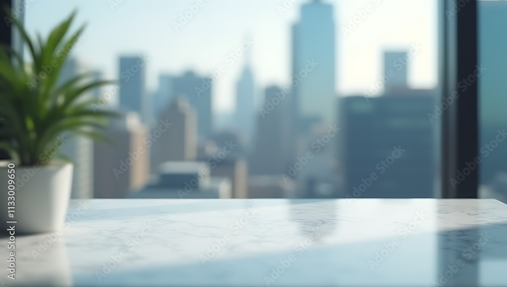 Poster Marble table top appears sharp while blurred cityscape fades into view behind it through a distant abstract window glass._00001_