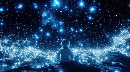 Fototapeta premium An astronaut surrounded by glowing star clusters, gently floating in the vastness of space.