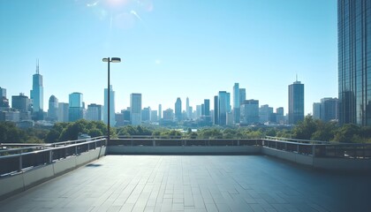 City skyline view from an empty elevated walkway under a clear blue sky during daytime