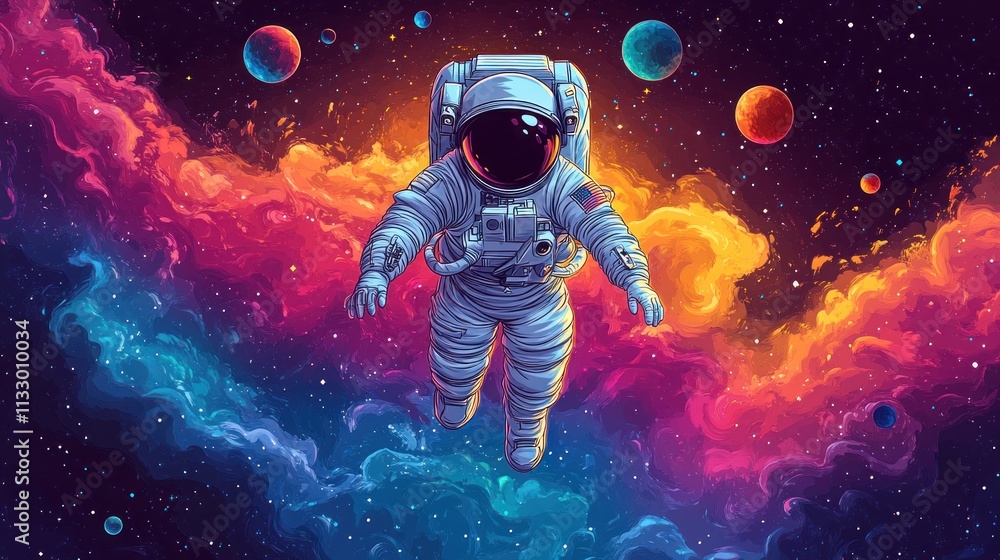 Poster an astronaut floats through a colorful cosmic scene filled with planets and vibrant nebulae.