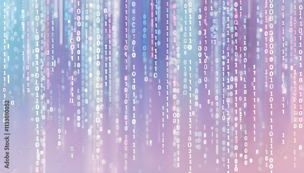 Poster abstract animation of binary code cascading down like digital rain, representing data insights, pastel hues